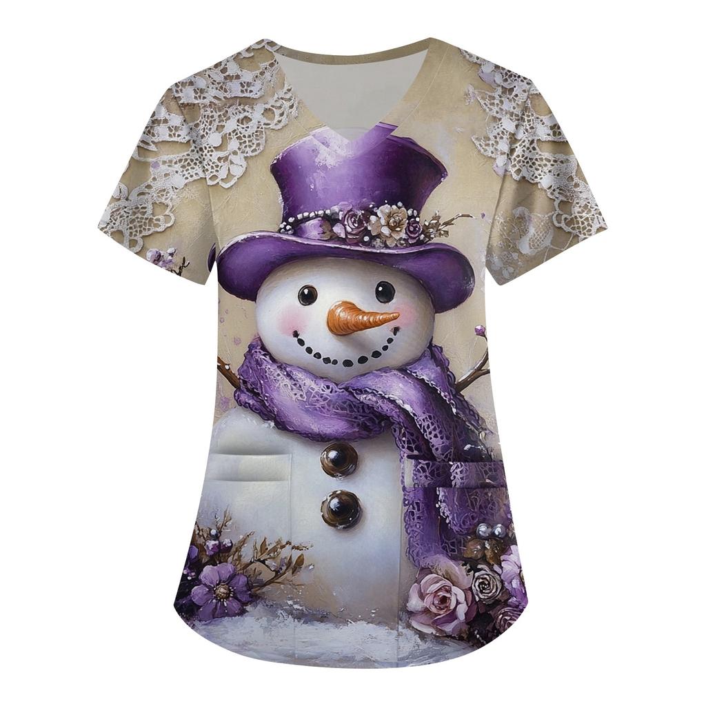 Женская симпатичная рабочая одежда с принтом, V-образным вырезом, двухслойными карманами, базовым коротким рукавом, пуловером на Рождество