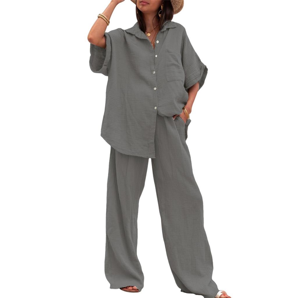 Women's Casual Sets Summer Cotton and Linen Short-sleeved Lapel Shirt Straight Trousers Two-piece Set