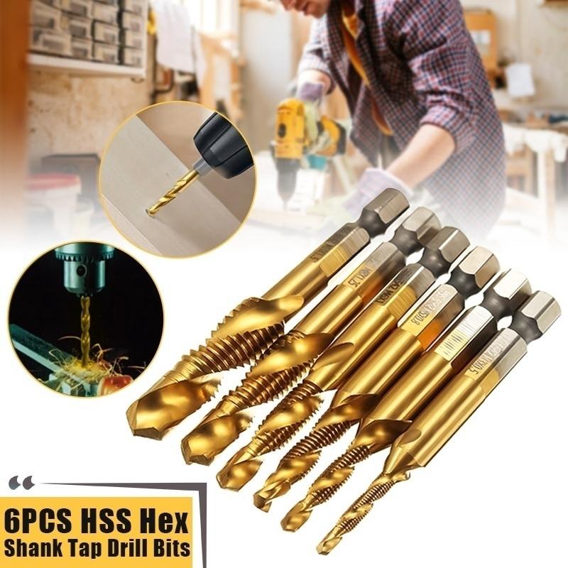 6pcs/Lot 1/4'' Hex Shank Thread Drill Bits HSS Coated Composite Tap Countersink Twist Metal Drilling Set Screw Tap Tool