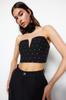 Women's Fashion Black Crop Shiny Stone Woven Bustier