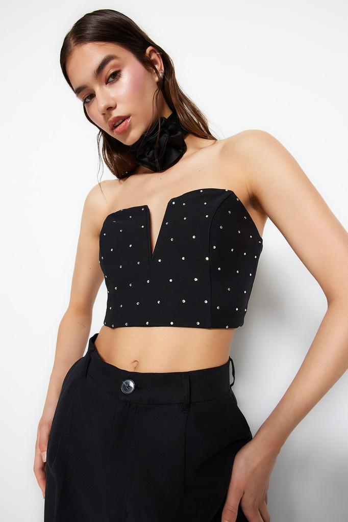 Women's Fashion Black Crop Shiny Stone Woven Bustier