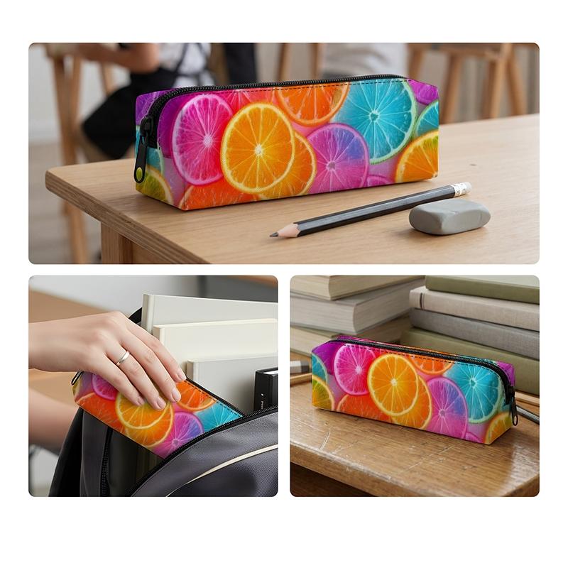 DIY Orange Pattern Large Capacity Zipper Closure Portable Pencil Case for Schools and Offices Polyester for Students