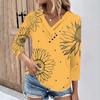 Womens 3/4 Sleeve Daily Weekend V Neck Casual Printed Tshirts Loose Fit Pleated Tees Ladies Blouse