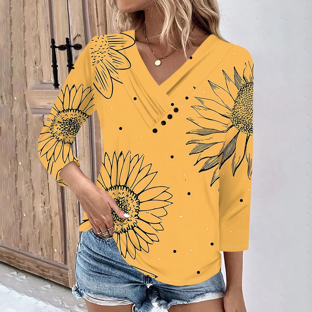 Womens 3/4 Sleeve Daily Weekend V Neck Casual Printed Tshirts Loose Fit Pleated Tees Ladies Blouse