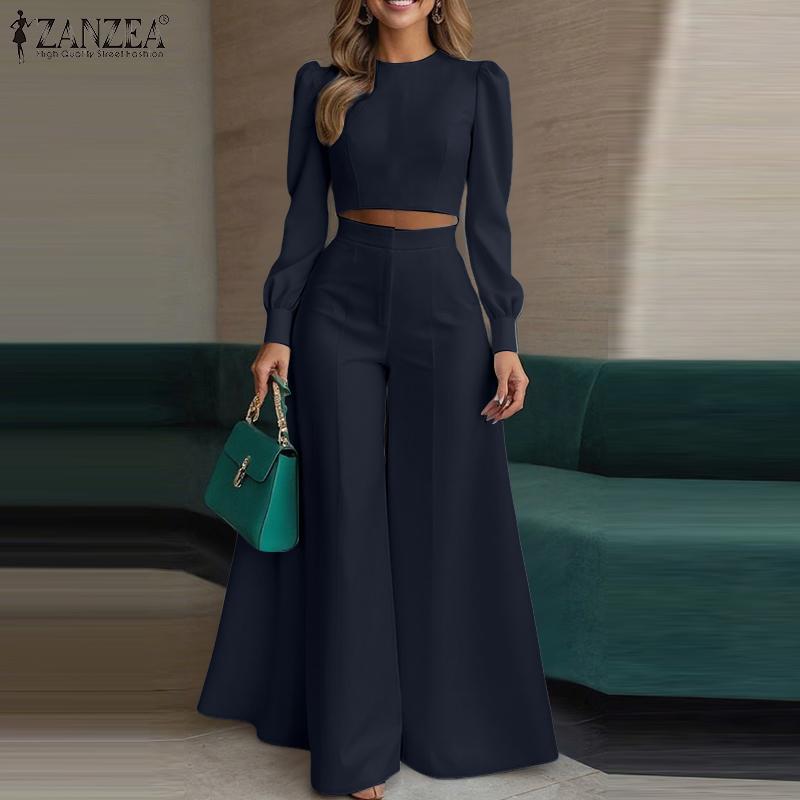 ZANZEA Женские кроп-топы с длинным рукавом и брюки с широкими штанинами, повседневный костюм-двойка