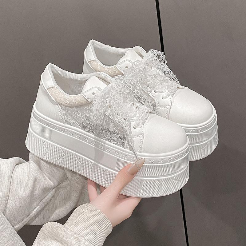 Fashion Sexy Lace Mesh Flat Lace-up Womens Shoes White Summer Round Toe Platform Thick Botton Genuine Leather Sneaker Zapatillas Mujer