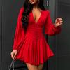 Women Dress Low-cut Deep V Neck Long Lantern Sleeves Solid Color Tight Waist Pleated A-line Big Swing Commute Lady Spring Summer Mini Dress