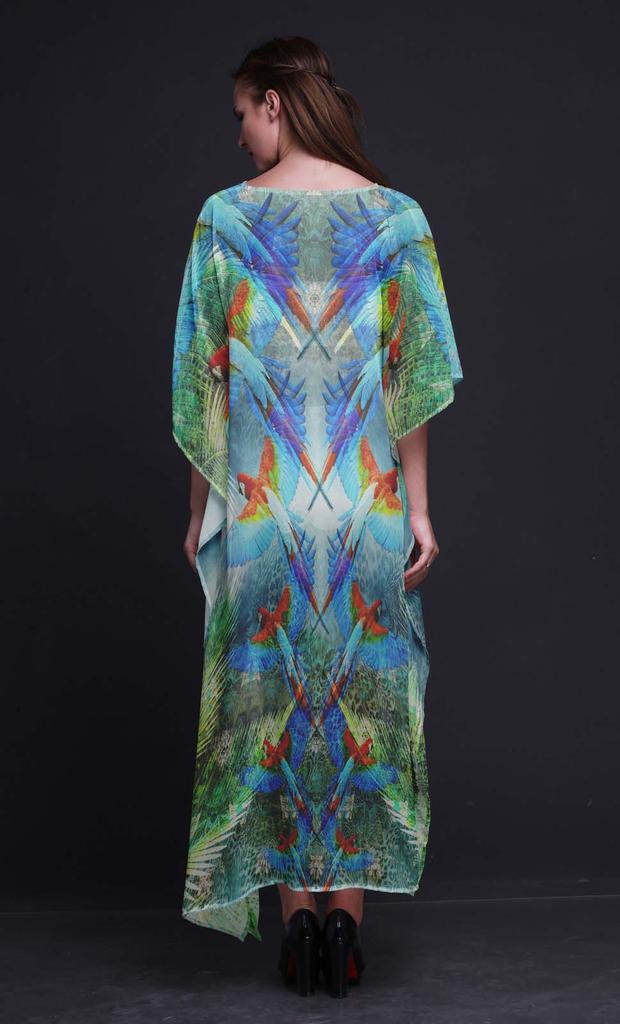 Phagun Branch & Colorful Parrot Bird Long Caftan Maxi Dress Beach Swimwear Cover Up Womens