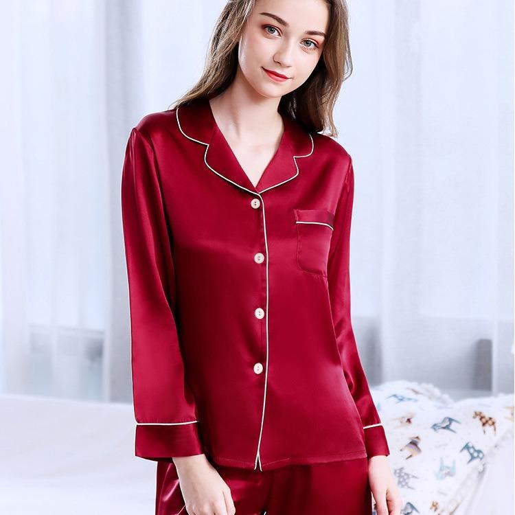 Женский пижамный комплект из атласного шелка на пуговицах, комплекты пижам с длинным рукавом и V-образным вырезом, домашняя одежда для сна