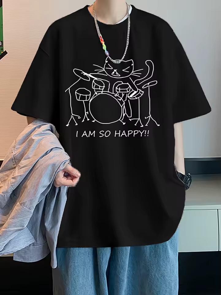 Rock Drummer Cat Sketch T Shirt I Am So Happy Funny Cat Graphic Tee Men Women Unisex Casual Cotton Streetwear Short Sleeve Tops