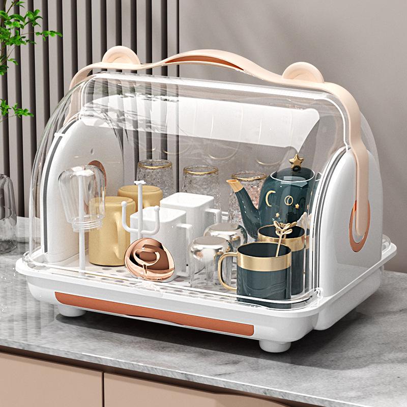 Portable Dustproof Teacup Holder & Drain Tray Rack for Home Use