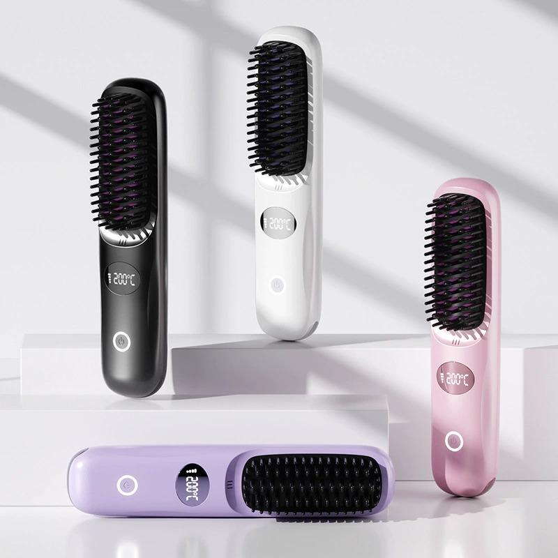 Cepillo alisador inalámbrico portátil, peine térmico recargable para alisar y rizar el cabello