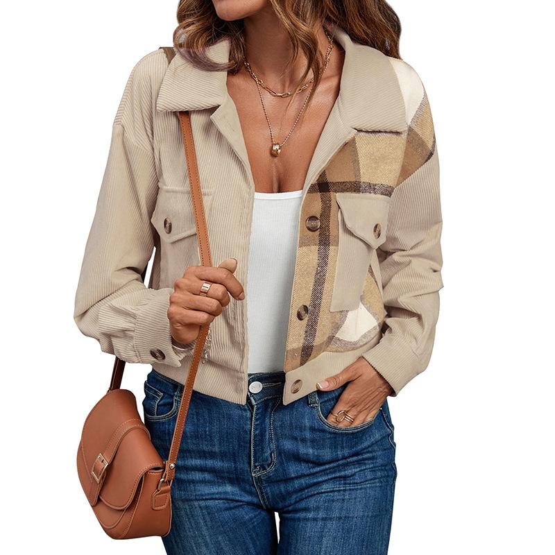 Женская осенняя вельветовая короткая куртка с длинным рукавом и лацканами в цветных блоках с карманом