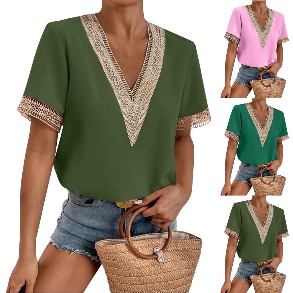 Women's Fashion Solid Color Loose T-shirt Lace Lace Short Sleeve Chiffon Top