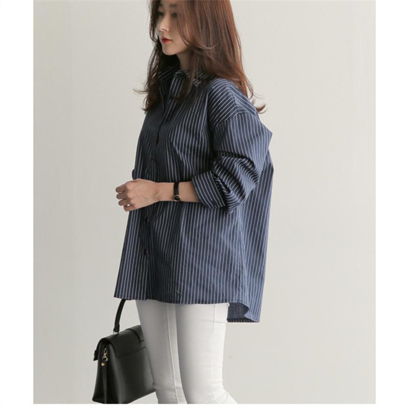 Женская синяя рубашка в стиле BF с отложным воротником, белый топ средней длины с длинными рукавами, однобортная осенняя свободная блузка в полоску в стиле ретро