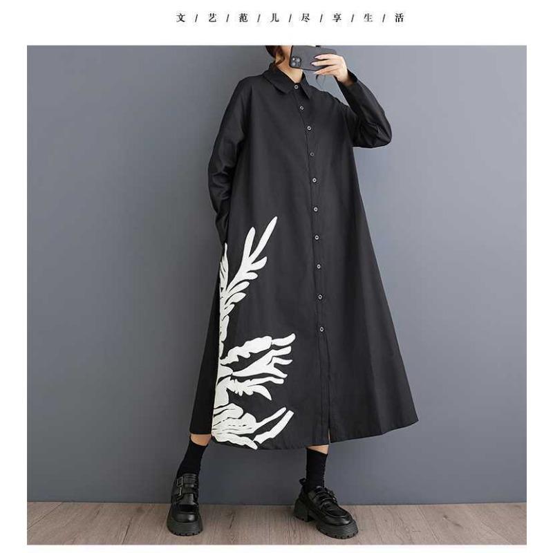 Loose Large Size Splicing Casual Simple Printed Sweet Long Sleeve Shirt Dresses