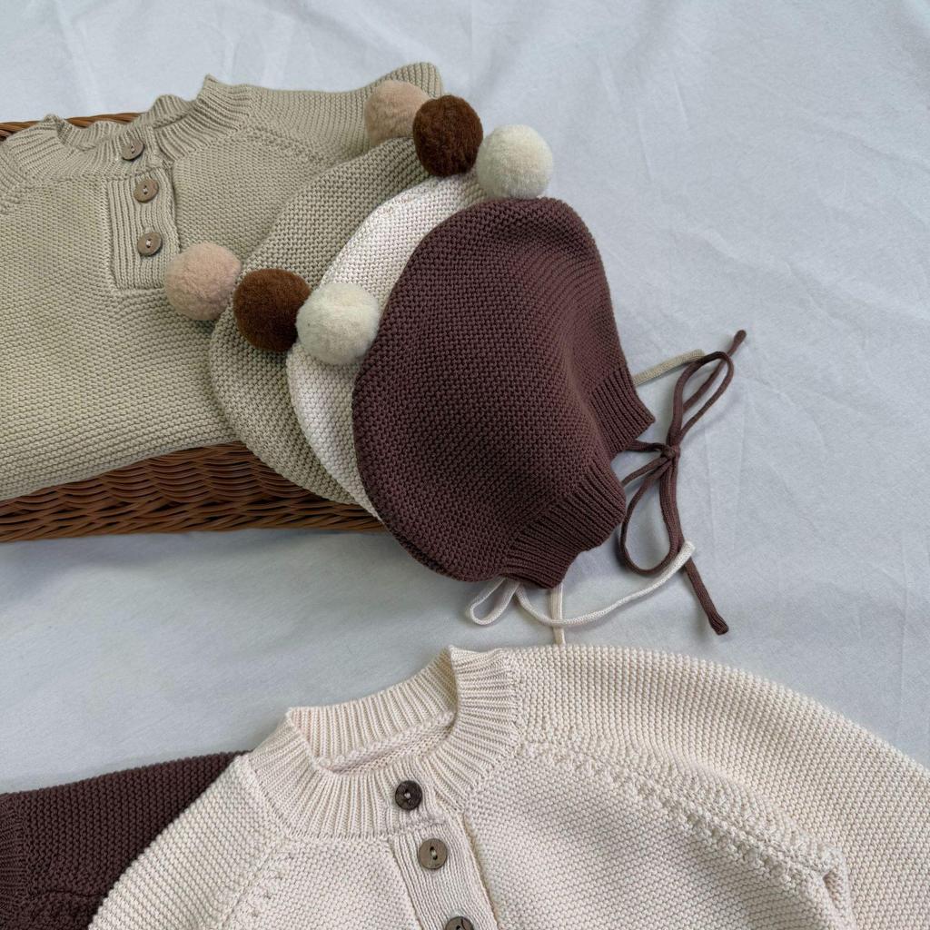 Autumn Korean Knit Romper & Cute Hat for Newborns - Unisex Snap-Crotch Sweater Romper