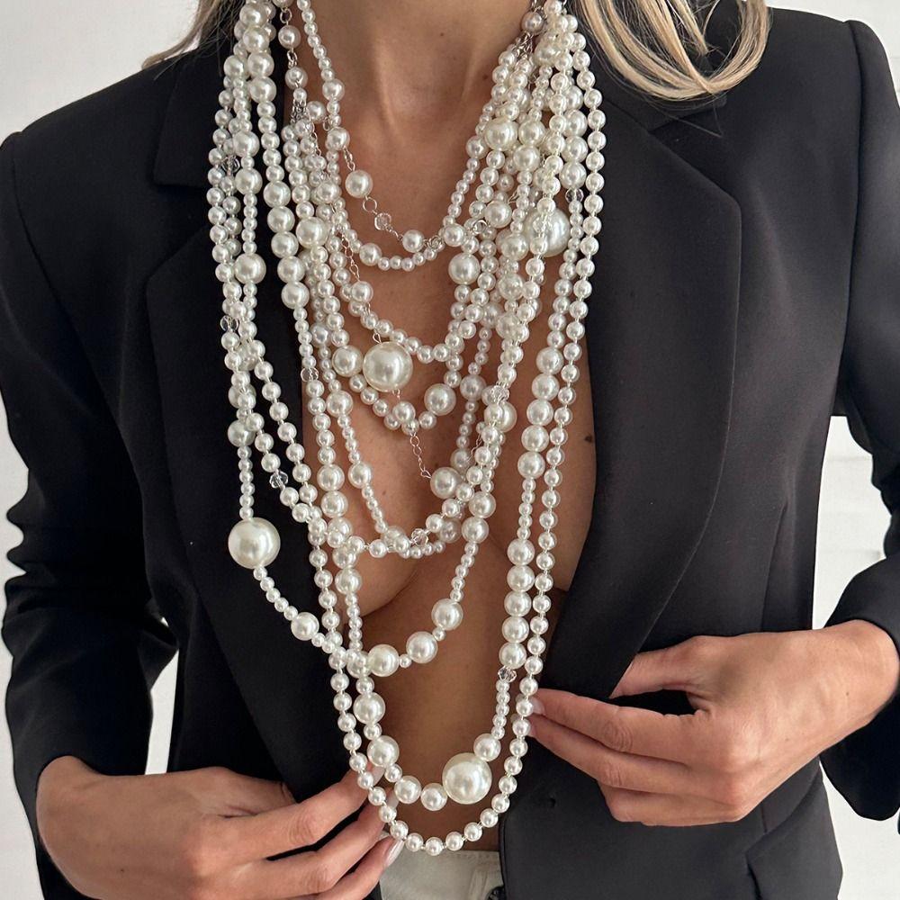Baroque Pearl Sweater Chain Exaggerated Women's Clavicle Chain Multilayer Pearl Necklace  Banquet