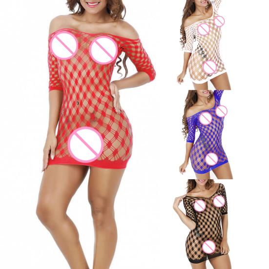 Sexy Women Off Shoulder Backless Fishnet Babydoll Sleepwear Bodycon Mini Dress