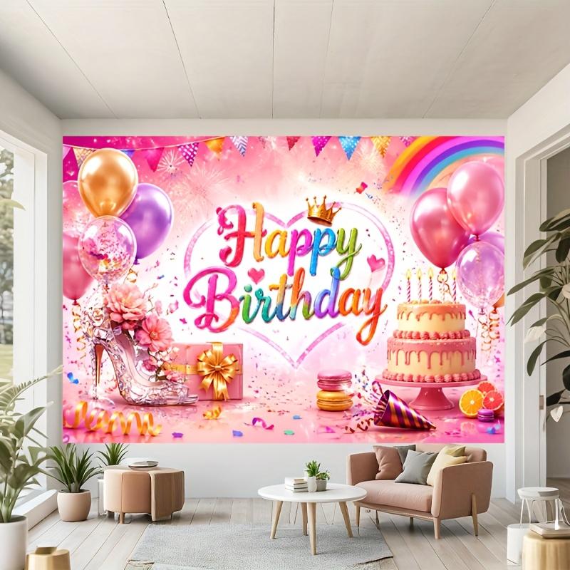 Vibrant Pastel Rainbow Arch with Glittery Balloons, Crown-Topped Happy Birthday Script, Layered Cake and Confetti-Dusted Gift Boxes, Party