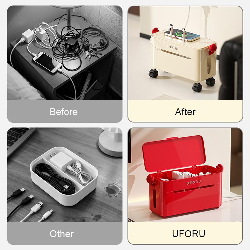 UFORU Portable Cartoon Wire Storage Box - Large Capacity, Vent Holes, Rolling Wheels, Desk Cord Organizer for Clutter-Free Space