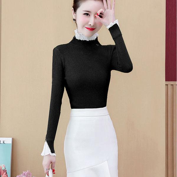 Водолазка с оборками, нижний свитер, женский весенне-осенний утягивающий пуловер из двух частей, свитер с кружевными оборками, вязаный свитер, топ