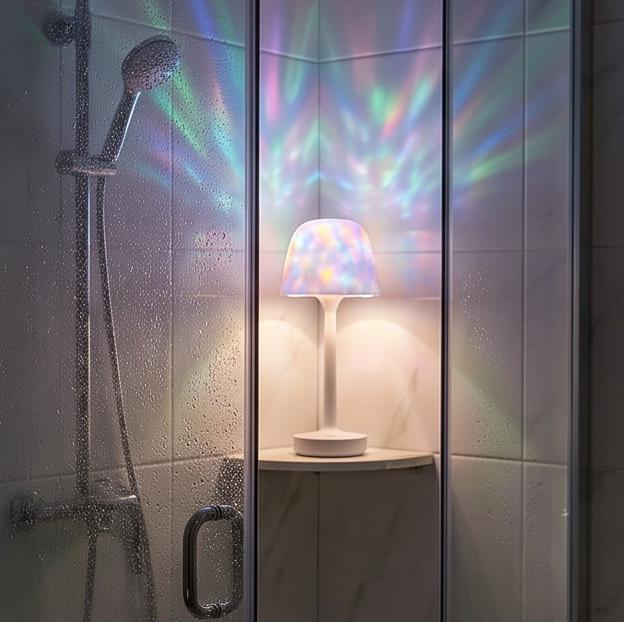 Shower Light with 16 Color Ocean Wave Projector Rechargeable LED Night Light with Remote Touch Control 3 White Light Modes USB-C Charging for Bath