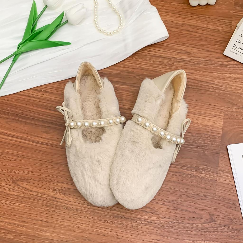 Зимние новые плюшевые туфли Мэри Джейн, женские модные универсальные термотуфли с жемчугом, задняя плюшевая повседневная плоская хлопковая обувь