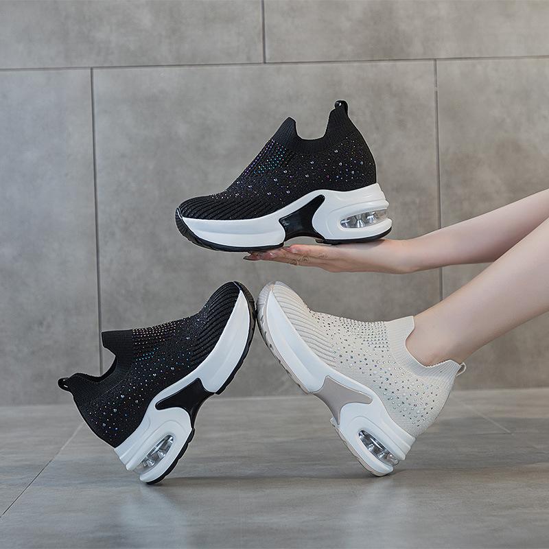 Inner Height-increasing Women's Shoes 2025 New Summer Slim Fly-woven Shoes Women's Breathable Mesh Rhinestone Thick-soled Air Cushion Mother Shoes
