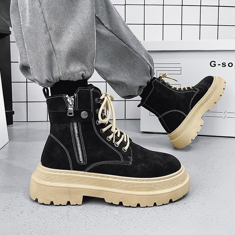 Men's Boots 2024 Autumn Thick Soled Zipper Lace-up Korean Belt Buckle Height Increasing Comfort High Top British Sports Boots