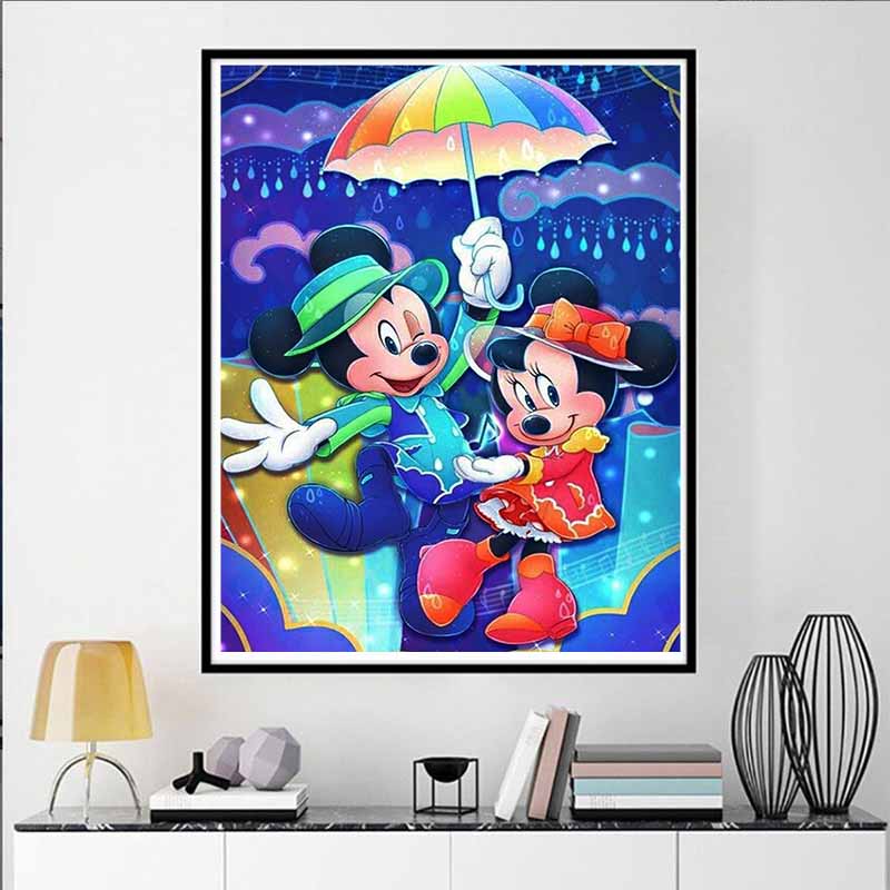 Disney Diamond Painting Mickey and Minnie Romantic Rain Illustration Mosaic Art DIY Cross Stitch Embroidery Set with Full Diamonds - Home Decor Gift