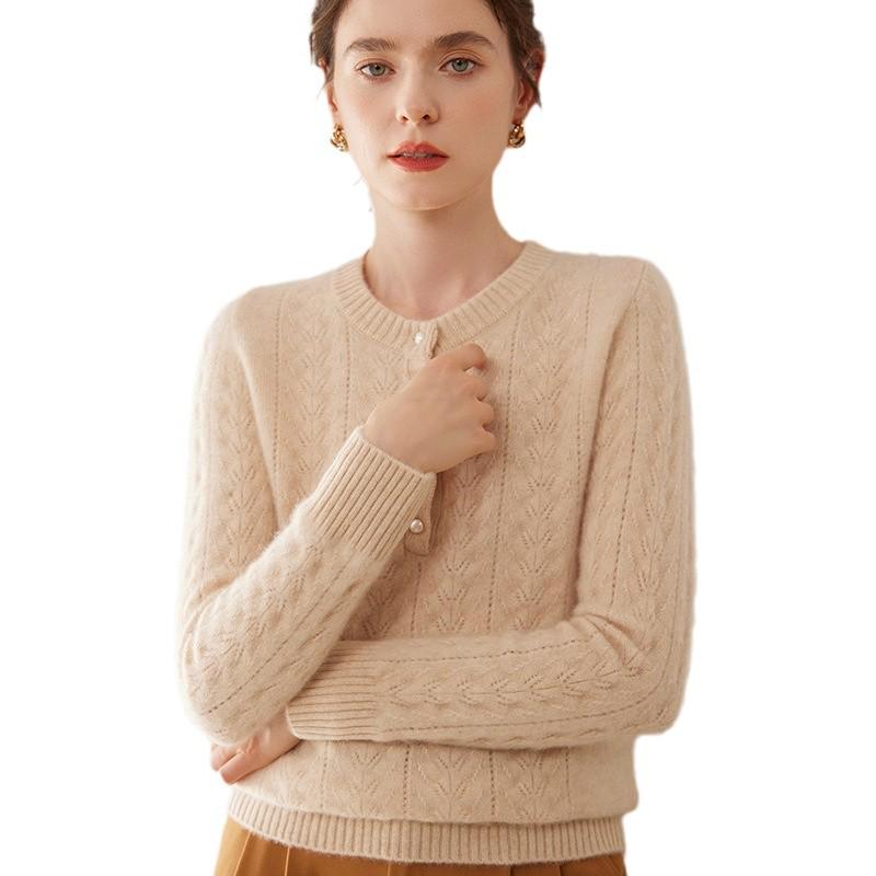 Women's Autumn/Winter Slimming Cashmere Sweater - Round Neck Hollow Jacquard Design with Half-Open Collar