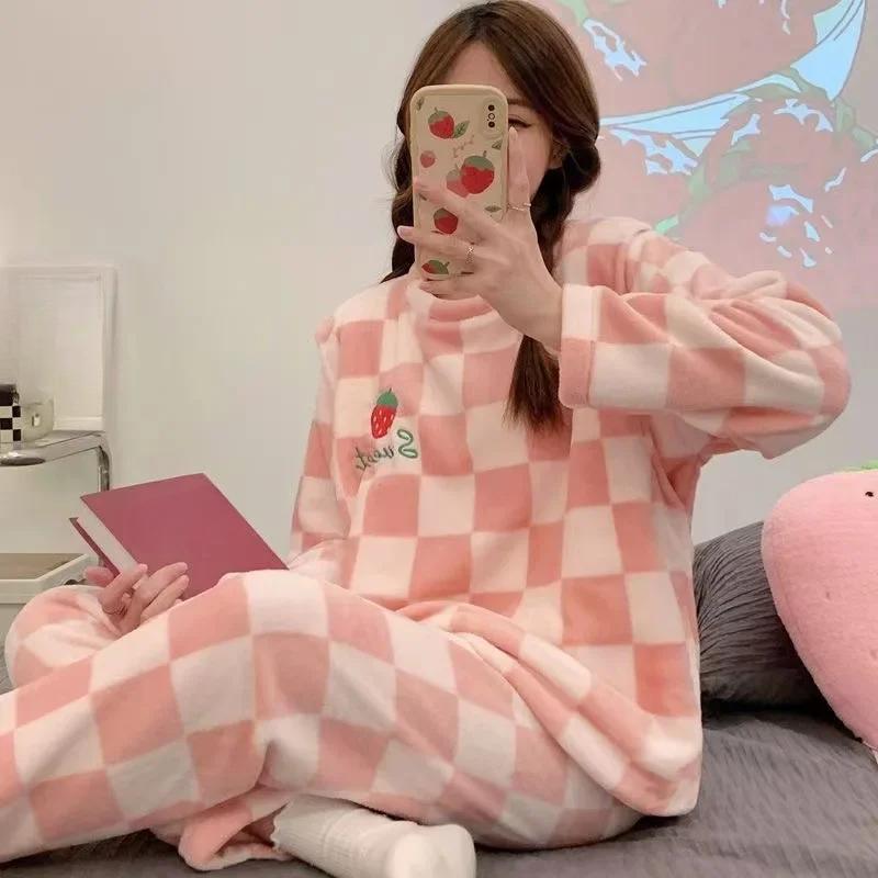 Теплая пижама для зимы, утепленная, большого размера, кораллового бархата, женская, теплые, с длинным рукавом, однотонные клетчатые брюки, домашний костюм