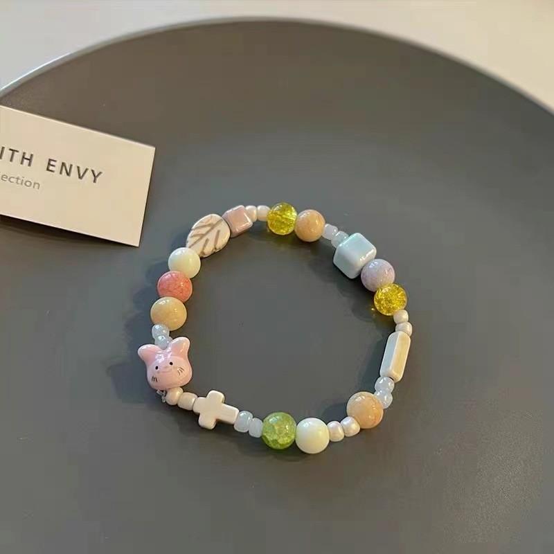 Sweet Pink Ceramic Rabbit Bead Bracelet Adorable Handcrafted Charm For Women And Men