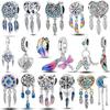 925 Copper Inlaid Zircon Feather Charms Bead CZ Moon Dream Catcher Dangle Fit Original Bangle Bracelet Necklace DIY Zircon