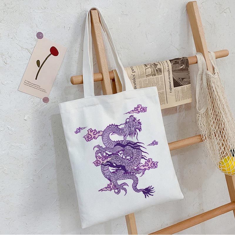 Japanese Gothic Dragon Anime Print Punk Canvas Bag Harajuku Y2K Shopper Bags Large Capacity Vintage Cartoon Women's Shoulder Bag