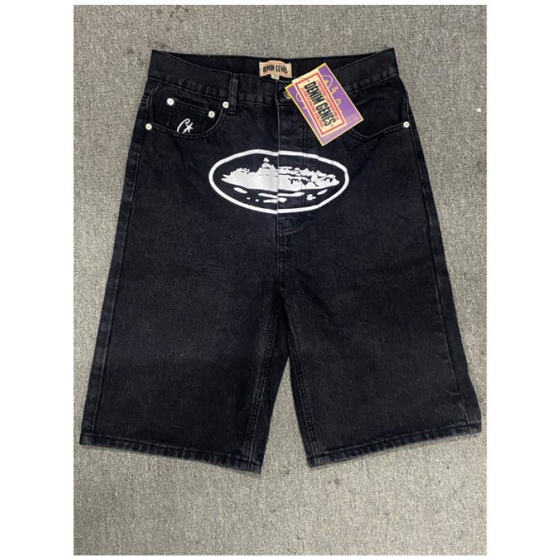 Corteiz Alcatraz Denim Shorts Mens Embroidered Star Vintage Washed Straight Fit Casual Mid-Rise Short Pants