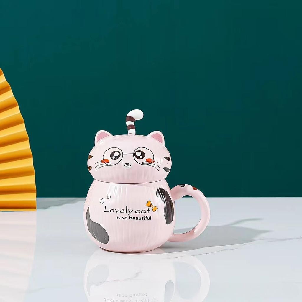 Cute 3D Cat Ceramic Mug with Lid Couple Coffee Milk Tea Water Cup Large Capacity Office Breakfast Cups Household Drinkware