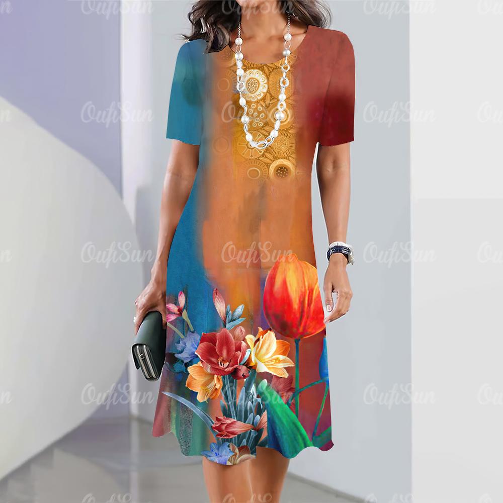 Женские платья 2024 Летние женские платья Винтажные принты Платья для путешествий Элегантная повседневная свободная блузка с коротким рукавом Y2k