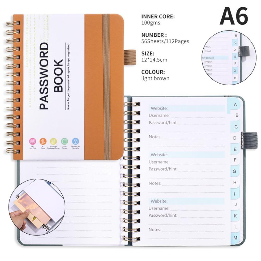 With Alphabetical Tabs Pocket Password Keeper Book Coil Book A6/B6 Size Password Keeper Notebook Portable with Penholder