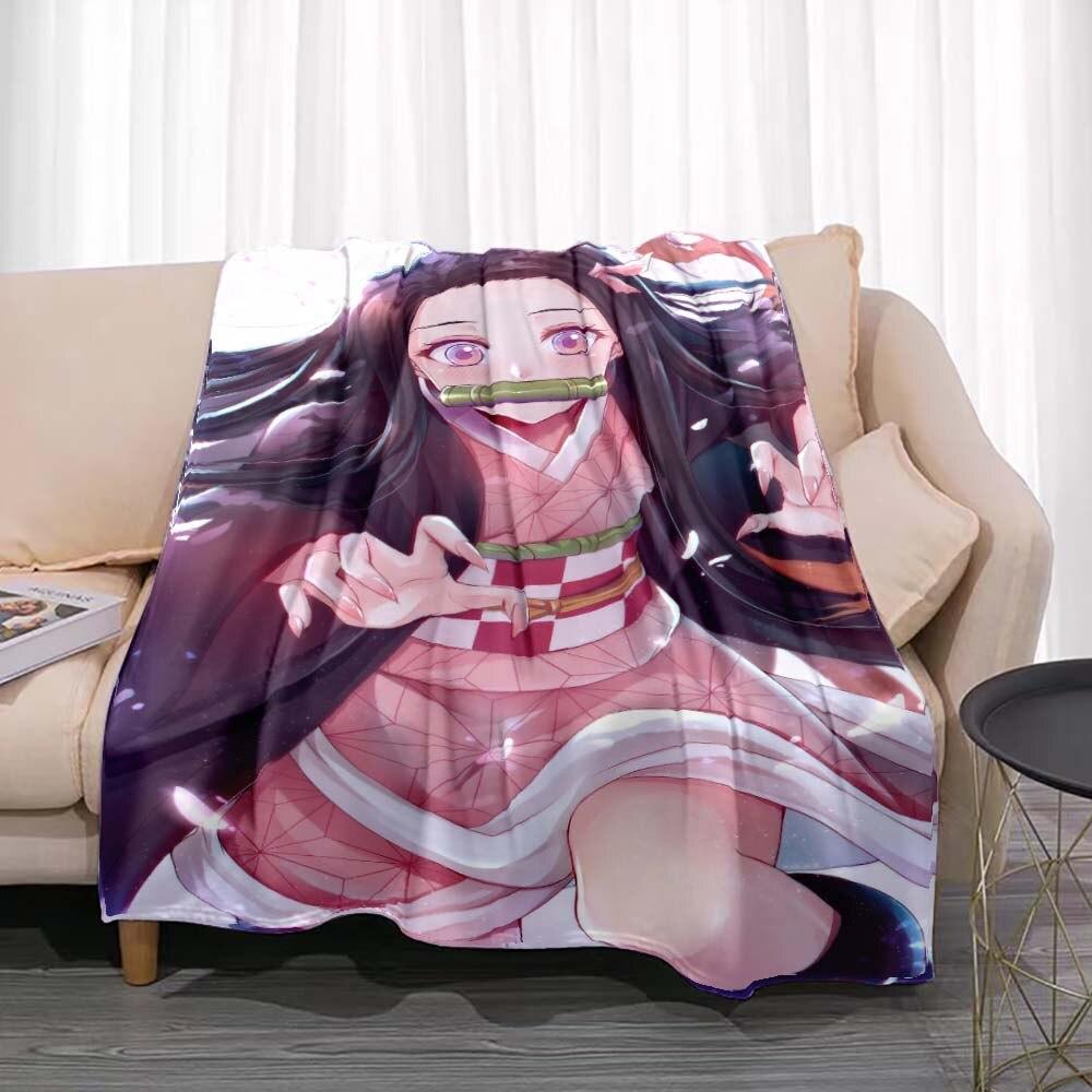 Demon Slayer Flannel Throw Blanket Anime Cartoon Smooth Soft Bedspread Warm Gamer Gift Living Room Sofa Home Bedroom Decor
