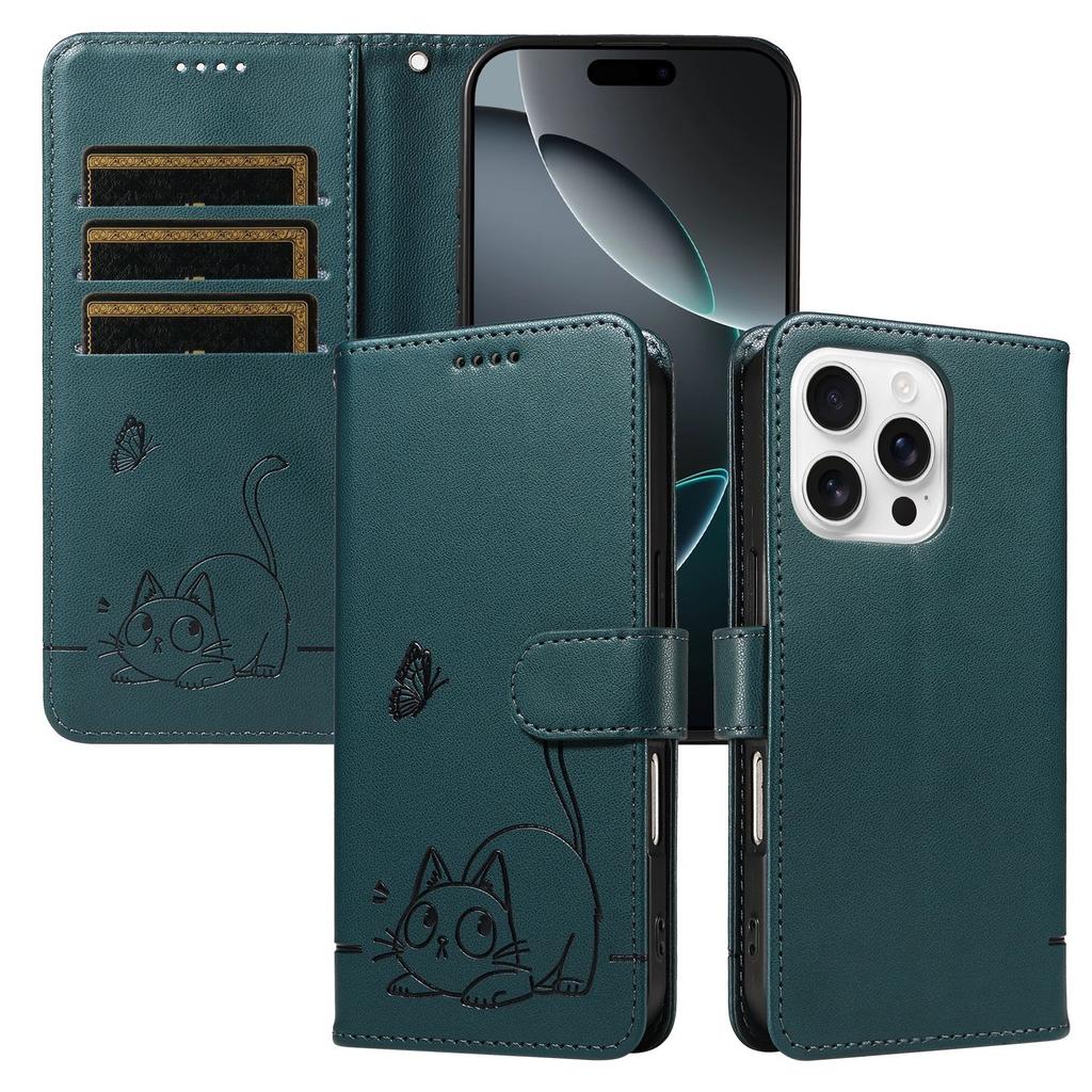 Leather Wallet Flip Case For OPPO Reno 15 Pro Max mini 15F 14 14F 13 13F 12 12F 11 11F 10 Cat and Butterfly Embossed,Wrist Strap