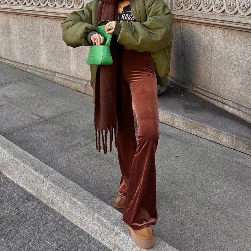 Золотые бархатные широкие брюки, женские брюки с высокой талией, хорошие повседневные брюки, свободные расклешенные женские брюки