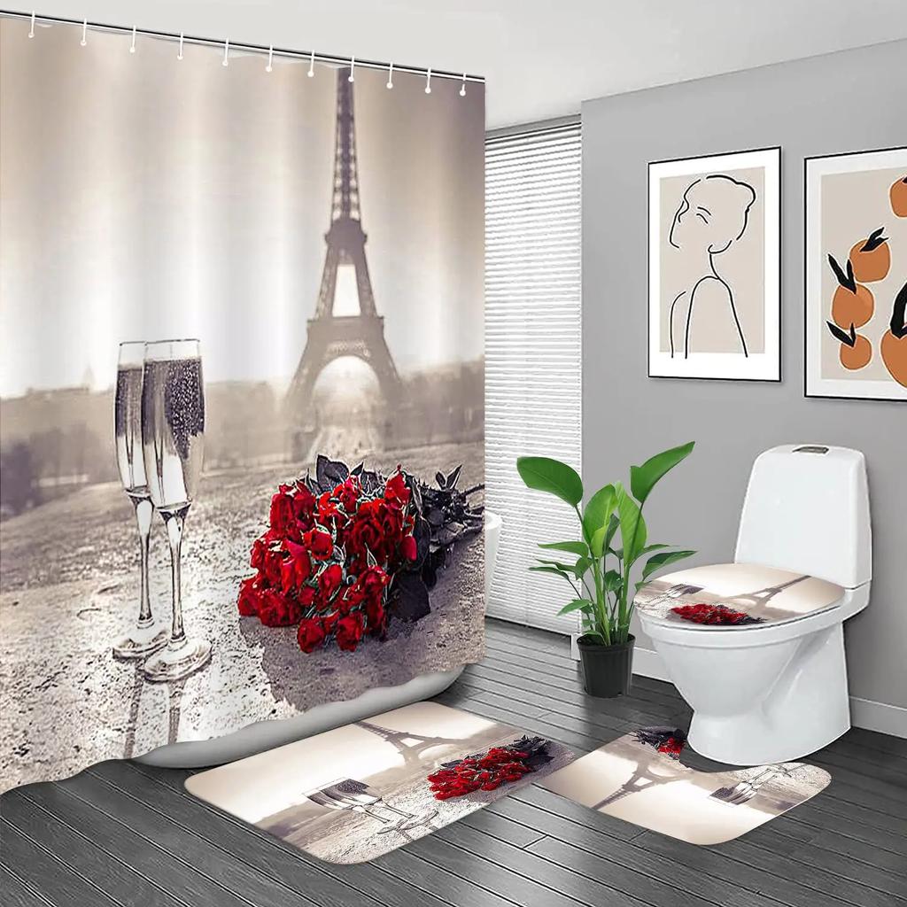 Red Rose Flowers Bathroom Curtains Black Fabric Shower Curtain Set Bath Mats Rugs Toilet Lid Cover Anti-Skid Carpet Home Decor