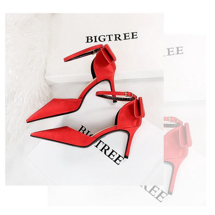 Bigtree Sexy High Heels 8cm Women's Silk Shallow Mouth Pointed Head Straight Line Sandals with Bowknot