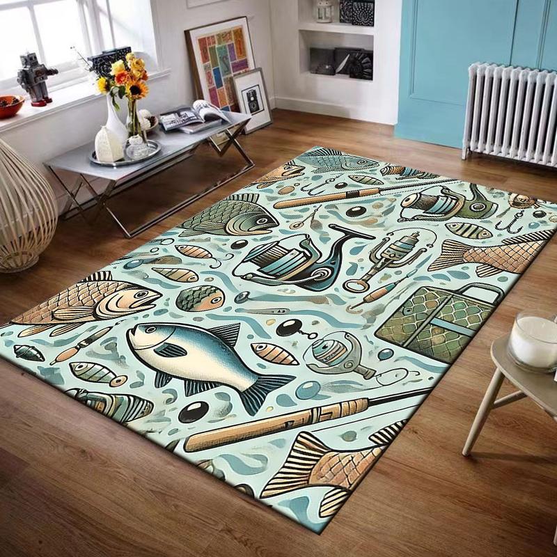 Light Blue Area Rug Fishing Rods Reels Fish Tackle Vintage Pattern Carpet for Living Room Man Cave Decor