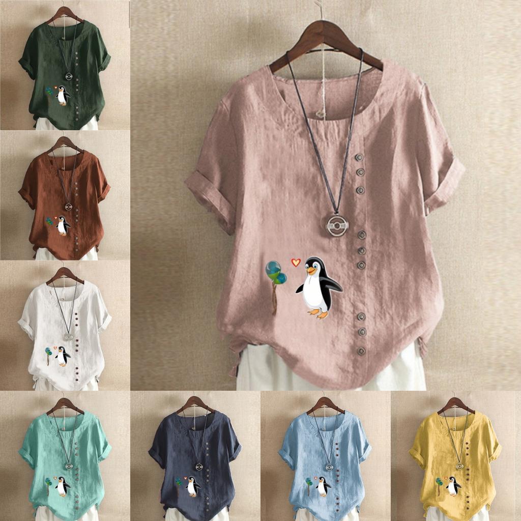 Women's Fashion Round Neck Short Sleeve T-shirt Casual Cotton Linen Graphic Shirt Leisure Loose Penguin Prined Summer Blouse Tops