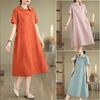 Summer Artistic Loose Jacquard Hemp Collar Short Sleeved Dress Women Medium Long