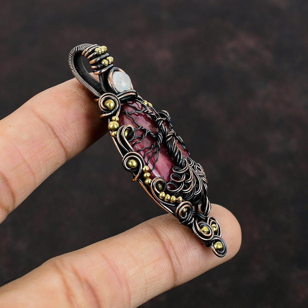 Древо Жизни Подвеска с Родонитом Медная Проволока Обернутые Ювелирные Изделия Подвеска Ручной Работы Радуга Лунный Камень Подвеска Из Драгоценного Камня Медная Подвеска Подарок Для Нее