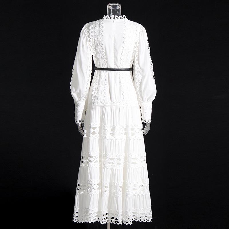 2025 Summer Women's Palace Style Solid Color Lace Ruffled Long Sleeve Dress